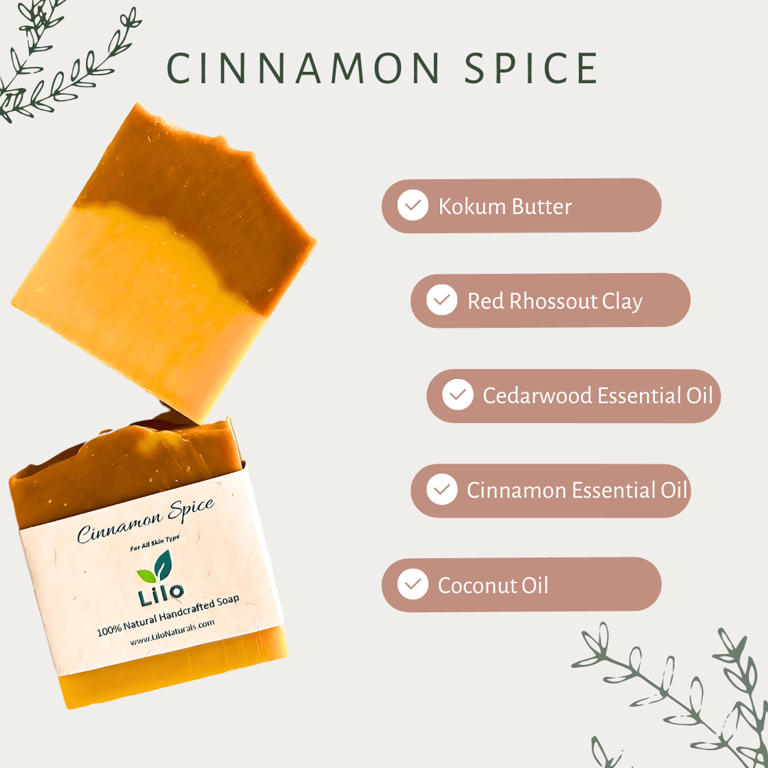 Lilo Naturals Cinnamon Spice | Cold-Process Soap | Red Rhossout Clay & Cinnamon Bark Essential Oil | Detoxifying & Gentle Exfolitaion | For Dry Skin