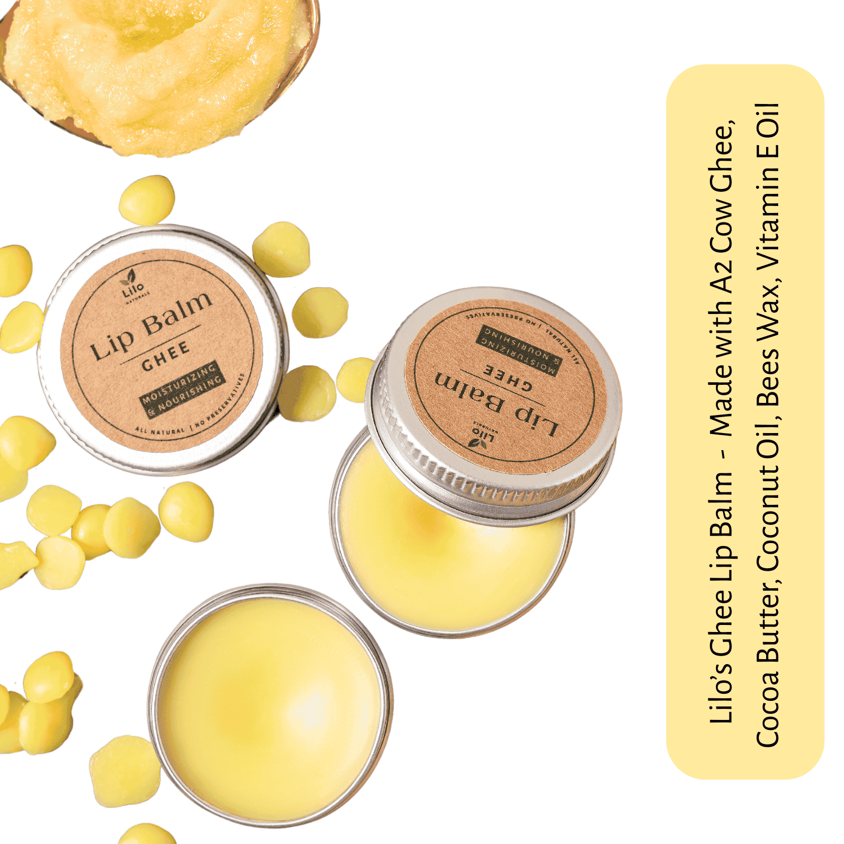 Lilo Naturals Ghee Lip Balm  | Made with A2 Cow Ghee, Cacao Butter, Coconut Oil | For Dry Chapped Pigmented Lips | Grandma Approved 